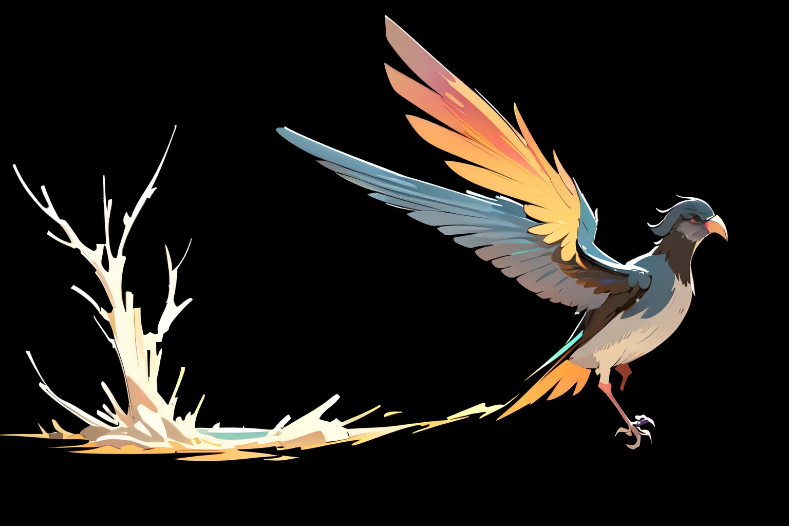  masterpiece,best quality, Beautifully painted,Very detailed,(Denoising:0.6 ),Very simple，Colorama Color Rainbow RGB ，masterpiece, best quality, Highly detailed CG Unity 8k wallpaper,masterpiece, best quality, Extremely detailed, {Wonderful media}, Limited color palette, A bird，Pure black background，Flying，Birds in flight，Open your wings