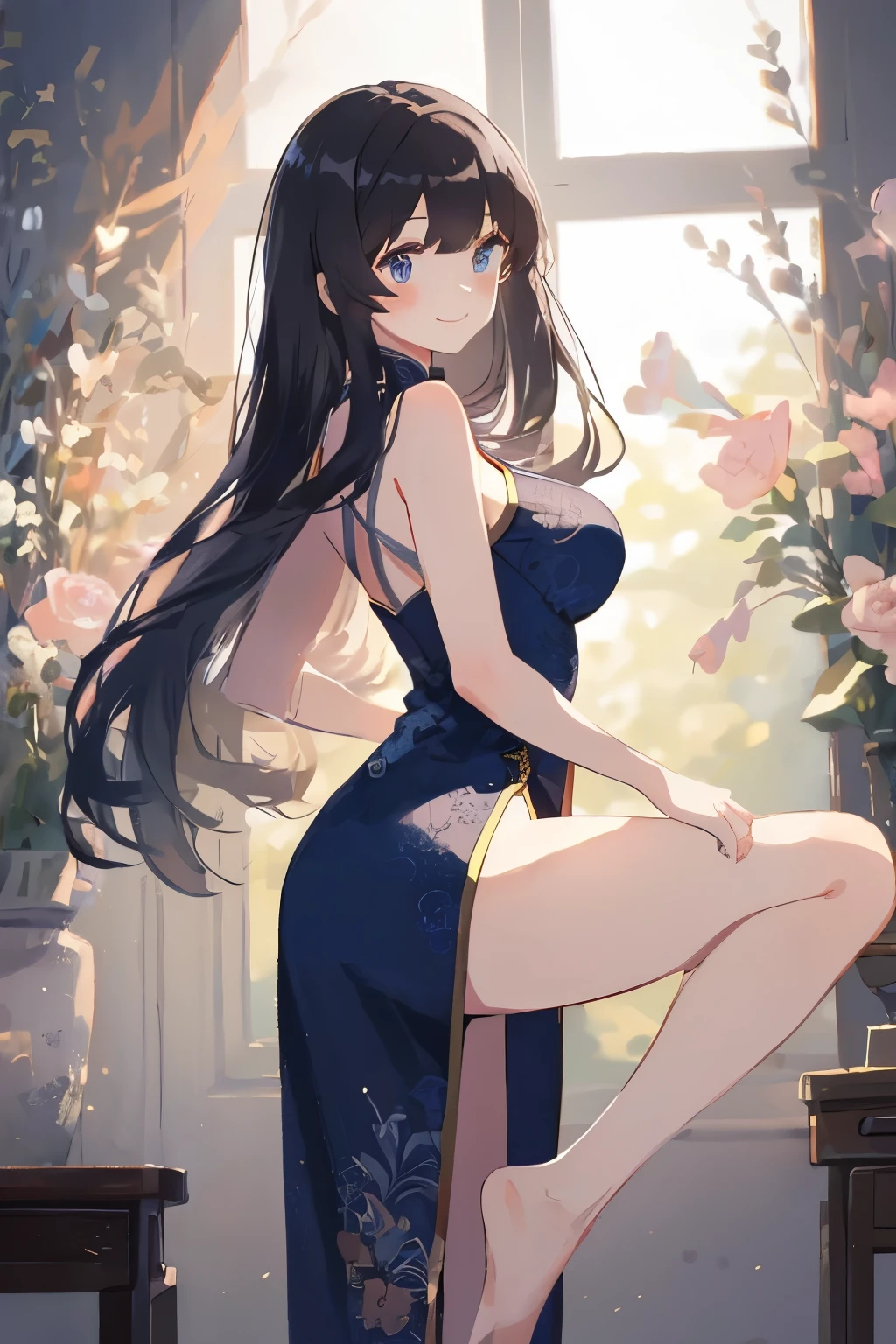 best quality, masterpiece, (独奏:1.2), (1 Female:1.2)、Age 25、Larger breasts、(Slender figure)、(from side:1.2)、(Leg Raise Pose:1.2)、(Dynamic pose)、(Blue Chinese Dress:1.2)、(Thighs)、(White highlight in pupil:1.2)、Dark blue eyes、(Black-haired:1.2)、Straight bangs、(Long Hair)、(View your viewers:1.2)、White skin、(blush)、(A shy smile)、(I blur the background a lot to make the woman stand out.:1.3)、(Half backlight)、(In front of the window)、Beautiful flowers in the background、Wooden Room