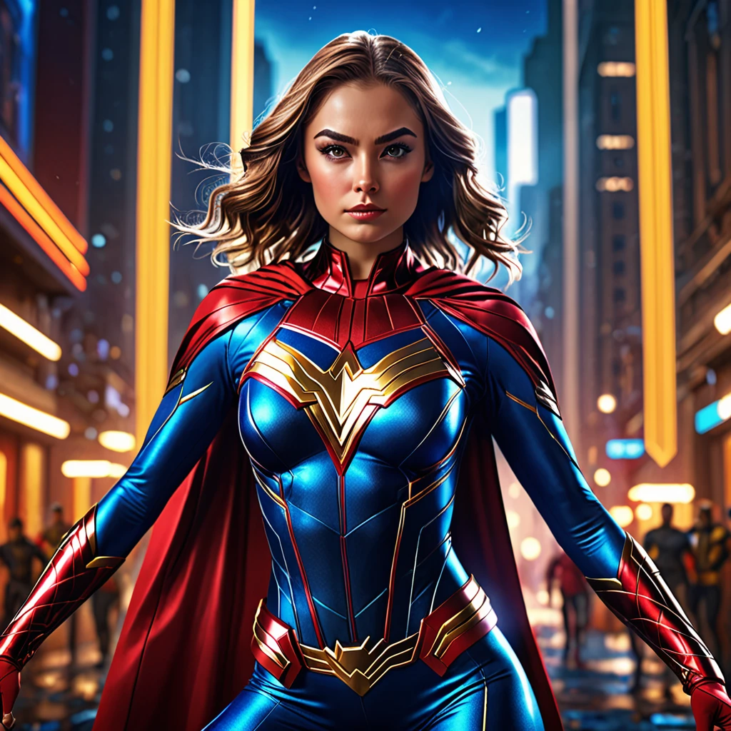 A beautiful detailed girl in a superhero costume, elegant and powerful pose, striking a heroic stance, intricate details on the costume, dynamic lighting, cinematic composition, vibrant colors, digital art, 8k, photorealistic, masterpiece