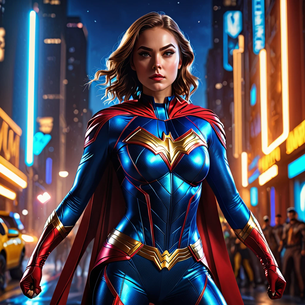 A beautiful detailed girl in a superhero costume, elegant and powerful pose, striking a heroic stance, intricate details on the costume, dynamic lighting, cinematic composition, vibrant colors, digital art, 8k, photorealistic, masterpiece