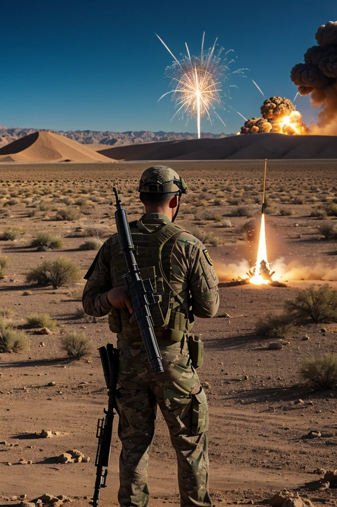 a solder with an AR-15 in the desert, explosion behind him, 8k photo, shot on RED cinema camera, stunning surreal effect