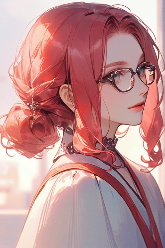 ((Лучшее качество)), ((шедевр)), (подробный), Red-haired girl hairstyle square with glasses
