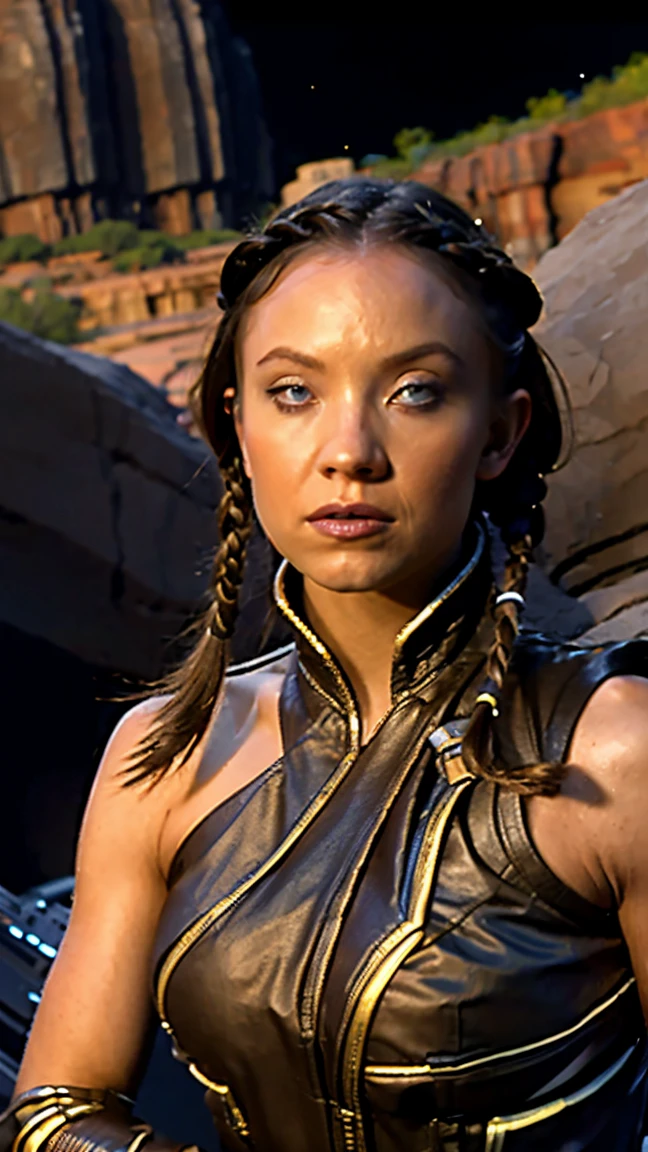 (masterpiece), (solo character), (best quality), (photorealistic 1.4), (EpicRealLife), (night time), (satele shan brown bodysuit), (satele shan), (SateleShan armor), (twin braided hair), (shoulder armor), bare shoulders, (sateleshan costume), (Sydney Sweeney), (blue eyes), (large breasts), (star wars scene), (in a canyon) (flashphoto), (night time), (at night), (cowboy shots), (pose for picture),