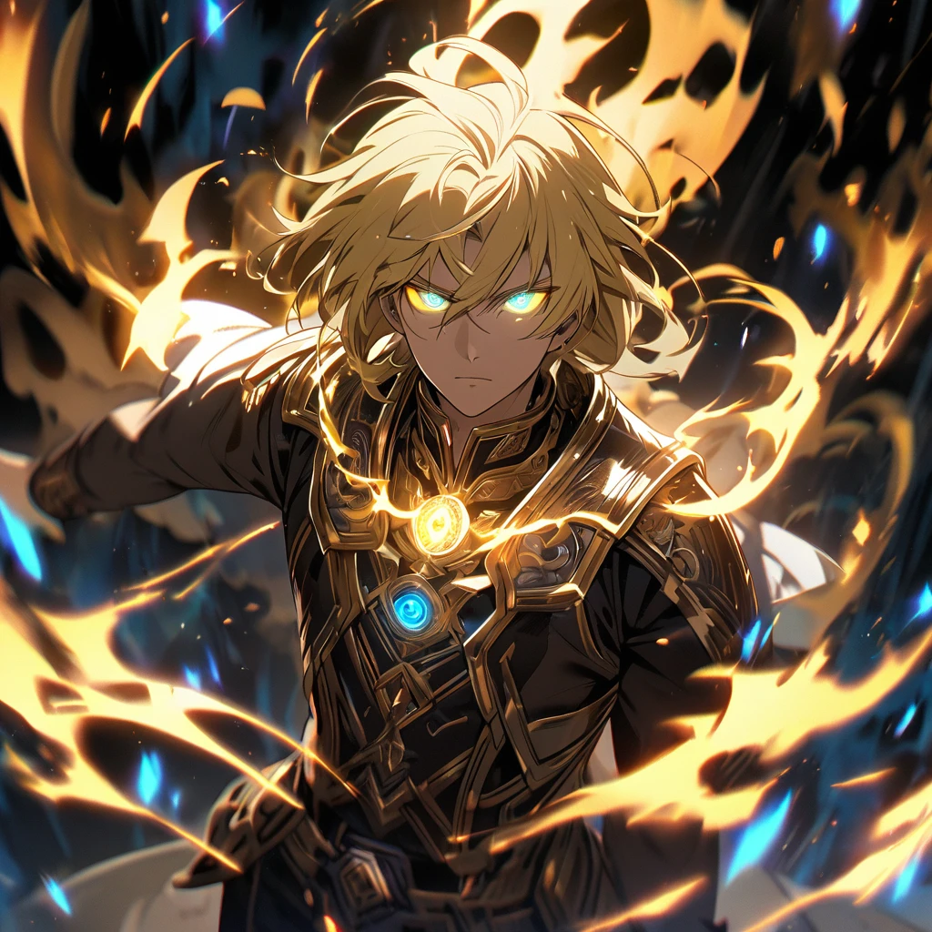 male, solo, handsome, blond hair, god, god eyes, glowing eyes, light, aura, holo, golden