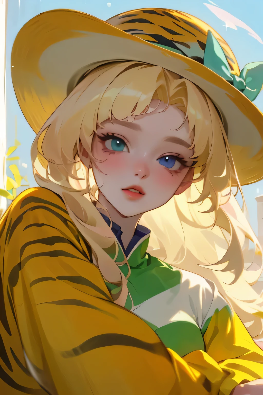 (high quality) (Best Quality) (Una Women) (correct physiognomy) (perfect students) (Perfect eyes) Women, blonde hair with bangs on the forehead, eyes with heterochromia dos orjs, one eye green and the other gold, sensitive lips, female appearance, soft facial features, thin eyebrows, soft skin, rosy cheeks, pink lips, silky eyelashes, dreamy expression, middle age, youth clothing, glitter sweatshirt, tiger print and hat, photo illuminated by sunlight, Women en un campo de girasoles