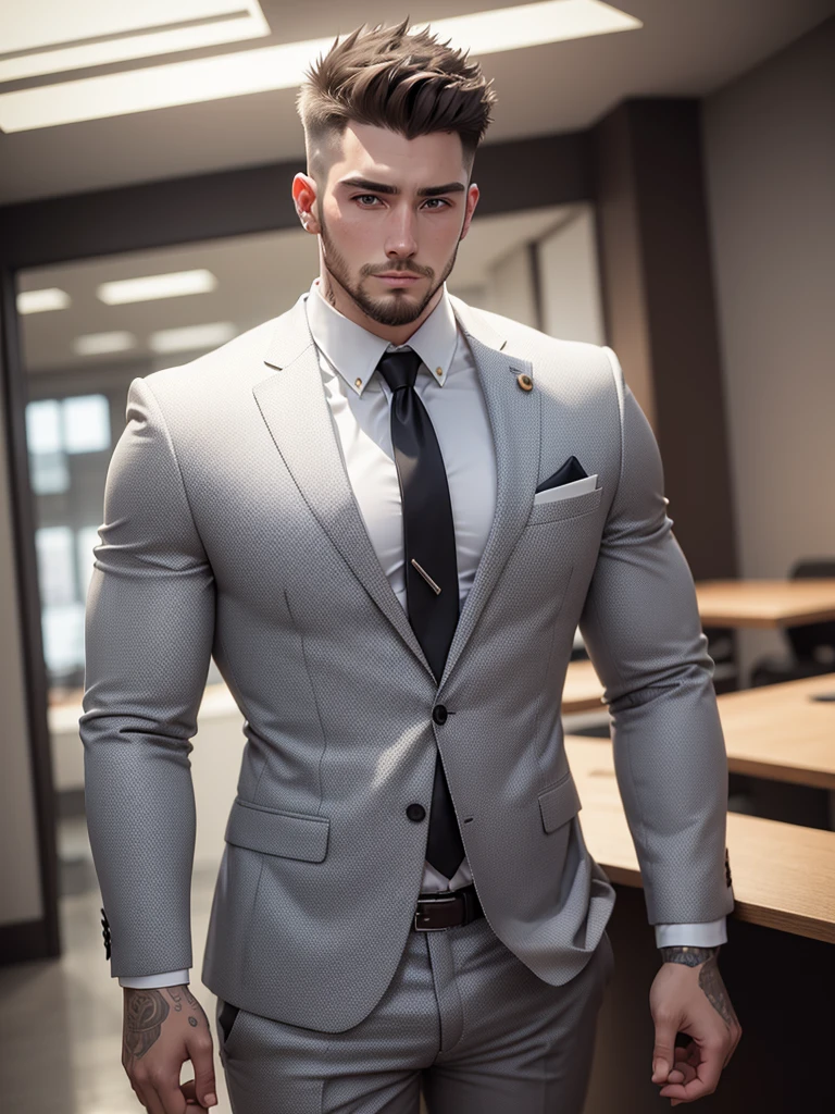 25 year old man, pretty face, short hair, White skin, short beard, suit and tie, tattoos, beefy, gray clothes