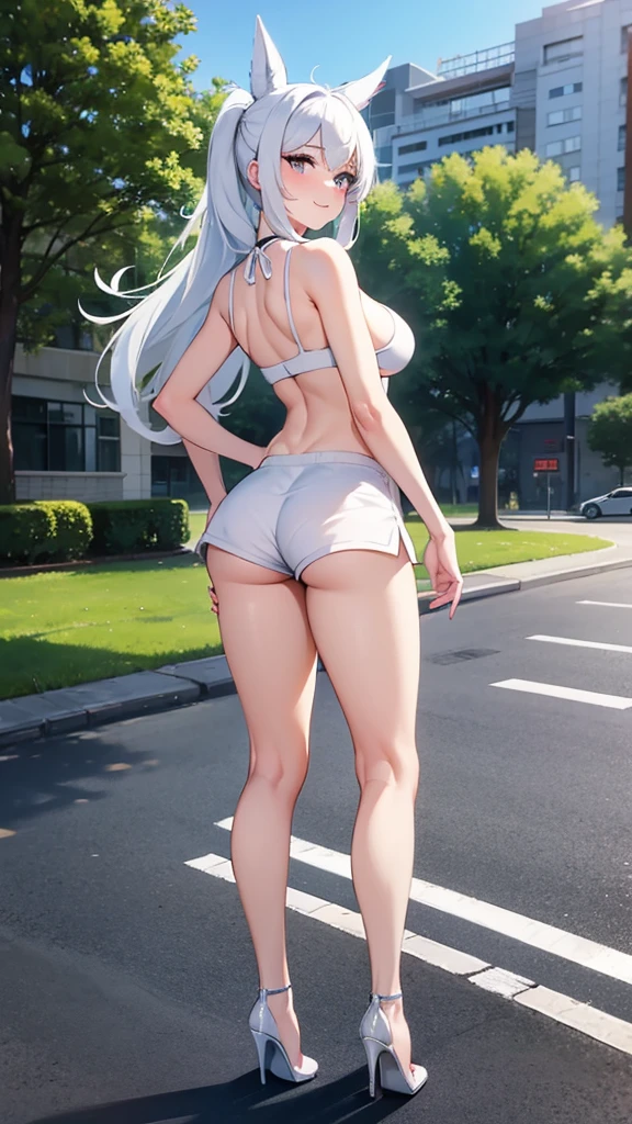 Weiss Schnee, white hair, gym shorts, bare legs, high heels, heels, stiletto heels,  sports bra, flashing, lifting top, , side boob, viewed from behind, nsfw, uncensored, no censor, standing, top lifted by self, exhibitionist, exhibitionism, public, outdoors, street side, road side, smiling, blushing, standing on side walk, bloomers