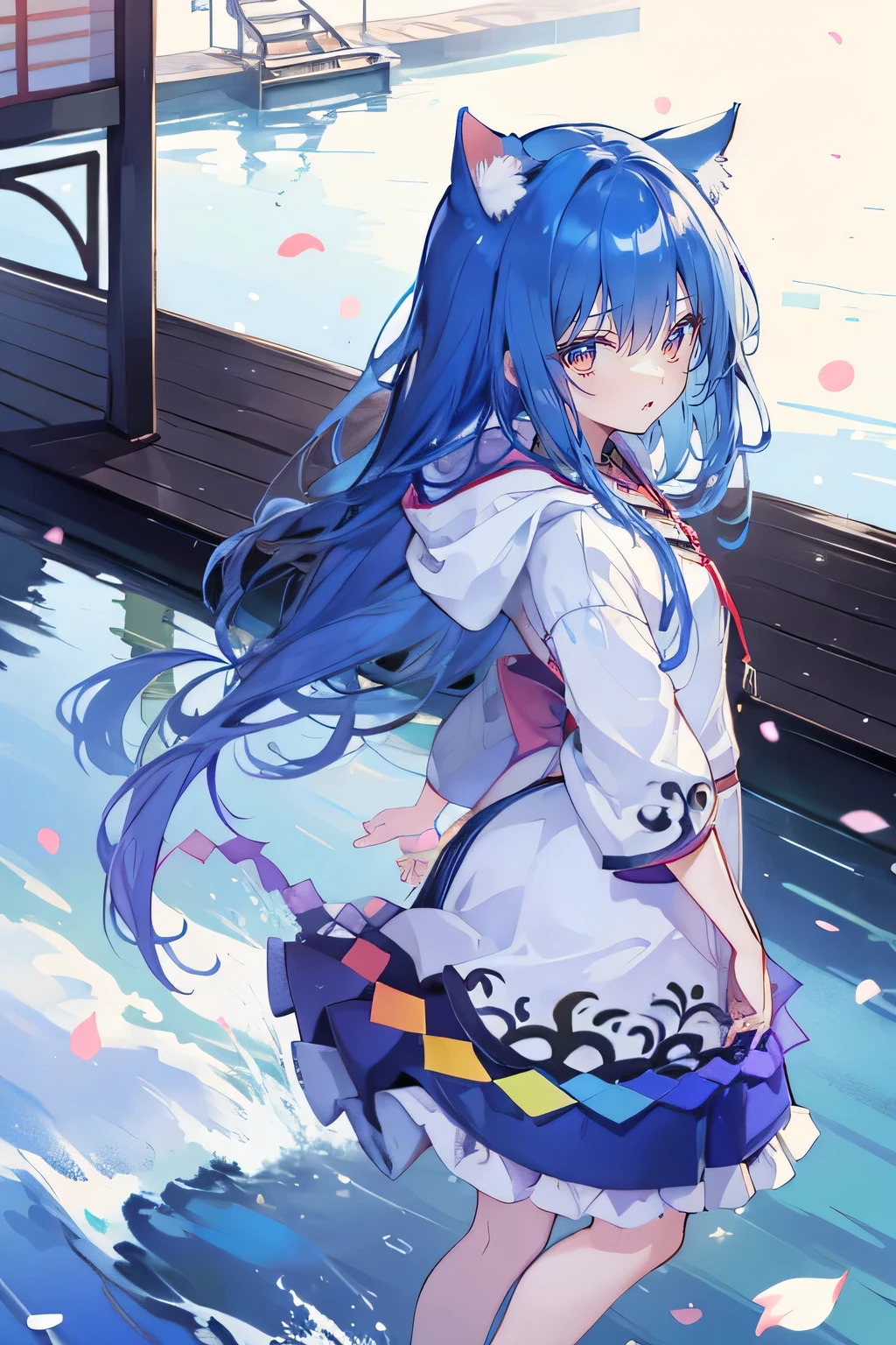 (masterpiece:1.2),Super detailed,lifelike,Expressive eyes,fair skin,perfect face shape,1 girl,
Japanese comics,Gorgeous blue hair,flowing blue hair,flowing clothes,Cat ears,Petals fall,beautiful lola,Baby Angel,
Shaking head with one hand,Cross your legs,Gentle and peaceful background,The pavilion is cool and comfortable,smile, wearing hoodie, background of tokyo,back views,snowing, winter,lie on the water.