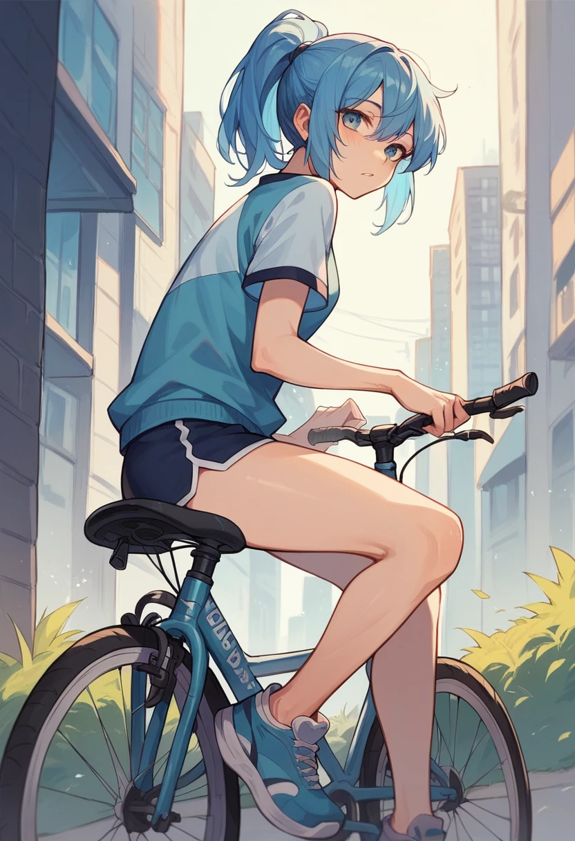 a girl sitting on top of bicycle, dolphin shorts, blue hair, ponytail, in Crystal City
