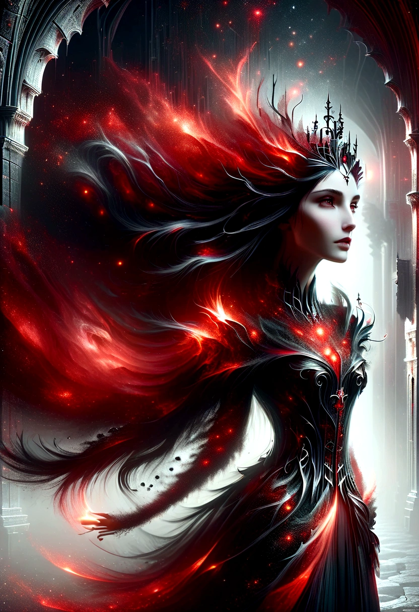 1 girl, gothic, black dress, long black hair, long red hair, castle, queen, ((85mm, atmospheric perspective, panorama, sideways, cinematic lighting, depth of field, Surrealism, 16k, best quality, high details, masterpiece, textured skin, highres))