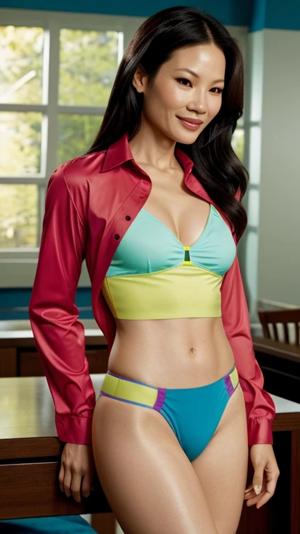 Lucy Liu dressed in a colorful long-sleeved shirt and thong with a sexy smile.