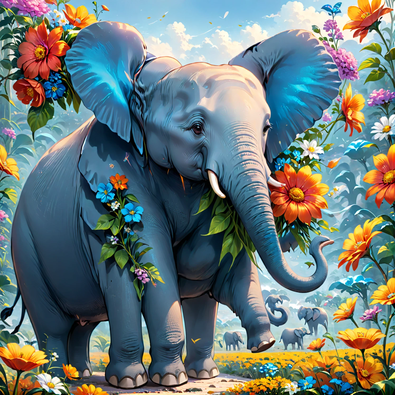 elephant,flower,blue,complex,Gorgeous, Color theme, (best quality, masterpiece, representative work, Official Art, professional, 8K)