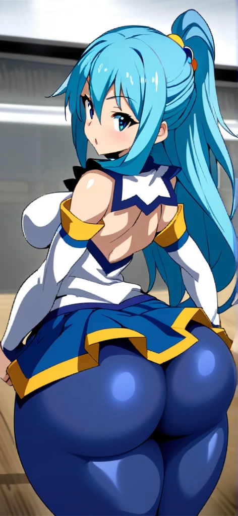  anime girl aqua from konosuba ,busty  with thick thighs and big ass bigger than thighs and head and body , ass view, hyper ass with  long hair , blue skirt 