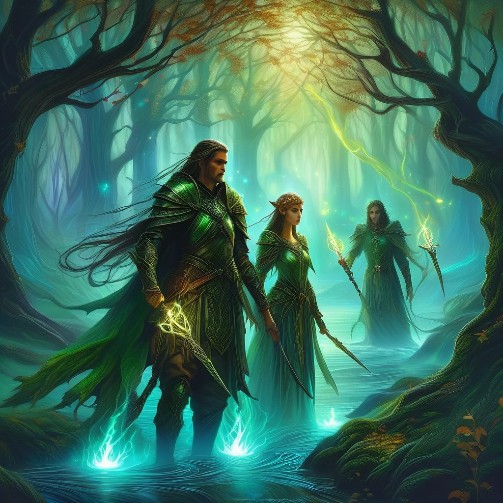 Under the ancient canopy of the Whispering Woods, two elven siblings stand as the eternal guardians of their mystical realm. The boy, with his short, tousled hair the color of autumn leaves, and the girl, with her long, flowing tresses reminiscent of moonlight on water, embody the ethereal beauty and strength of the elven race.
Clad in intricately crafted leather armor adorned with symbols of the forest, they move silently through the twilight shadows, their keen eyes ever watchful for intruders. The boy carries a finely carved bow, its string taut with readiness, while the girl wields a slender, gleaming dagger, the blade humming with ancient enchantments.
The forest around them is alive with the murmurs of hidden creatures and the rustling of unseen entities. Gnarled roots twist like serpents beneath the mossy ground, and the air is thick with the scent of damp earth and wildflowers. In the distance, the glow of bioluminescent fungi casts an eerie light, illuminating their path.
These siblings are the keepers of the woods, sworn to protect the ancient secrets and sacred groves from the encroaching darkness. As night falls and the forest whispers tales of forgotten magic and lurking dangers, they stand resolute, ready to defend their home against any who dare to threaten its sanctity.
In this medieval dark fantasy, the bond between the elven brother and sister is as unyielding as the ancient trees they guard, their destiny intertwined with the very soul of the forest they cherish."
