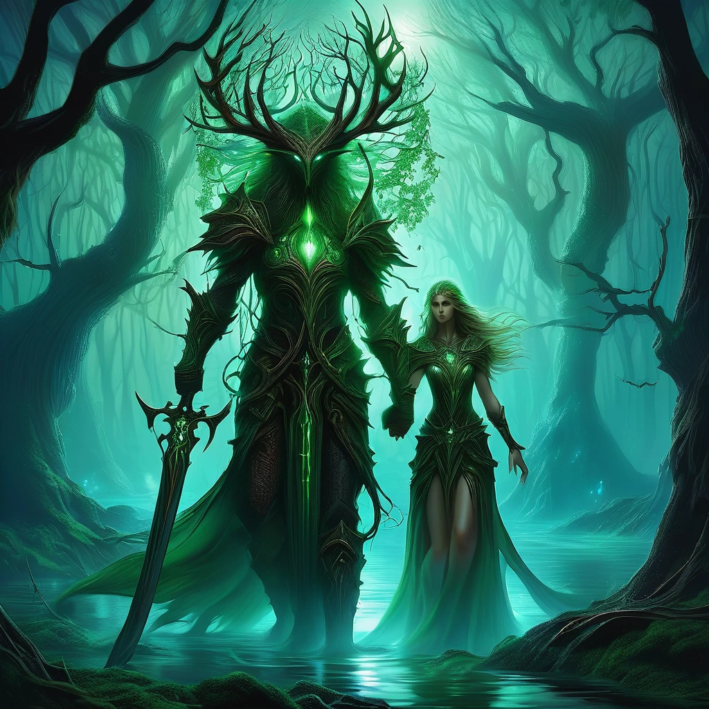 Under the ancient canopy of the Whispering Woods, two elven siblings stand as the eternal guardians of their mystical realm. The boy, with his short, tousled hair the color of autumn leaves, and the girl, with her long, flowing tresses reminiscent of moonlight on water, embody the ethereal beauty and strength of the elven race.

Clad in intricately crafted leather armor adorned with symbols of the forest, they move silently through the twilight shadows, their keen eyes ever watchful for intruders. The boy carries a finely carved bow, its string taut with readiness, while the girl wields a slender, gleaming dagger, the blade humming with ancient enchantments.

The forest around them is alive with the murmurs of hidden creatures and the rustling of unseen entities. Gnarled roots twist like serpents beneath the mossy ground, and the air is thick with the scent of damp earth and wildflowers. In the distance, the glow of bioluminescent fungi casts an eerie light, illuminating their path.

These siblings are the keepers of the woods, sworn to protect the ancient secrets and sacred groves from the encroaching darkness. As night falls and the forest whispers tales of forgotten magic and lurking dangers, they stand resolute, ready to defend their home against any who dare to threaten its sanctity.

In this medieval dark fantasy, the bond between the elven brother and sister is as unyielding as the ancient trees they guard, their destiny intertwined with the very soul of the forest they cherish."

