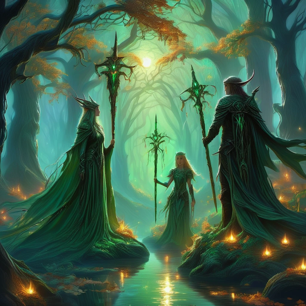 Under the ancient canopy of the Whispering Woods, two elven siblings stand as the eternal guardians of their mystical realm. The boy, with his short, tousled hair the color of autumn leaves, and the girl, with her long, flowing tresses reminiscent of moonlight on water, embody the ethereal beauty and strength of the elven race.
Clad in intricately crafted leather armor adorned with symbols of the forest, they move silently through the twilight shadows, their keen eyes ever watchful for intruders. The boy carries a finely carved bow, its string taut with readiness, while the girl wields a slender, gleaming dagger, the blade humming with ancient enchantments.
The forest around them is alive with the murmurs of hidden creatures and the rustling of unseen entities. Gnarled roots twist like serpents beneath the mossy ground, and the air is thick with the scent of damp earth and wildflowers. In the distance, the glow of bioluminescent fungi casts an eerie light, illuminating their path.
These siblings are the keepers of the woods, sworn to protect the ancient secrets and sacred groves from the encroaching darkness. As night falls and the forest whispers tales of forgotten magic and lurking dangers, they stand resolute, ready to defend their home against any who dare to threaten its sanctity.
In this medieval dark fantasy, the bond between the elven brother and sister is as unyielding as the ancient trees they guard, their destiny intertwined with the very soul of the forest they cherish."