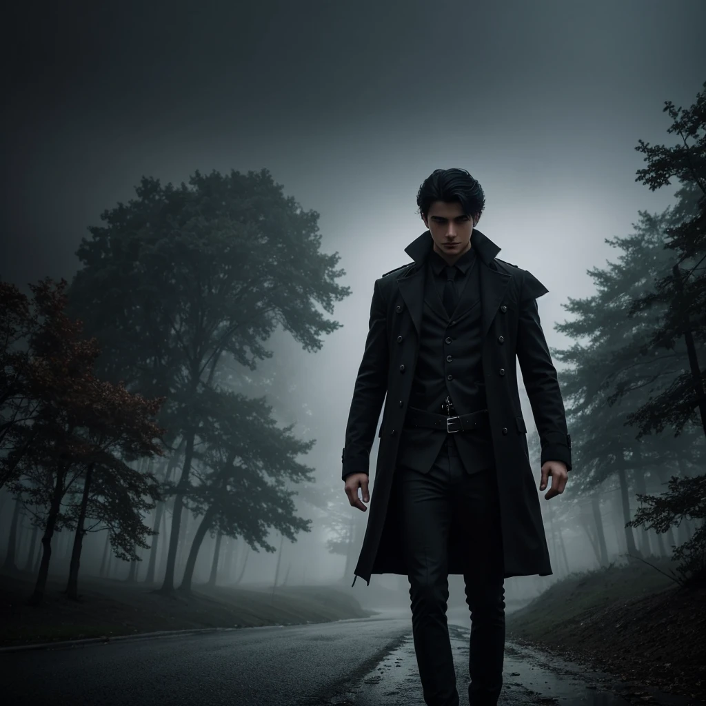 In a mysterious and enchanting world, gloomy fog envelops the scene, as if hiding something deep. от alex1shved Amidst this fog, a figure appears, An 18-year-old man with flowing jet black hair and eyes. The image conveys his powerful presence., his appearance completely matches the darkness surrounding him. The foggy atmosphere adds mystery and fabulousness to works of art., giving it an almost surreal feel. picture, skillfully executed, showcases intricate detail and vibrant colors, that bring the scene to life. It invites us to plunge into the enchanting world of this anime., where memories are shrouded in layers of uncertainty, I am waiting, to be solved. от alex1shved, 16K, Ultra realistic, Ultra high resolution.Photorealistic, uhd