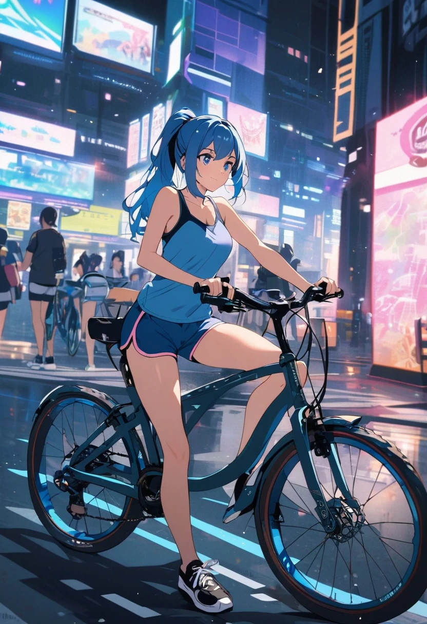 a girl sitting on top of bicycle, dolphin shorts, blue hair, ponytail, in Crystal City