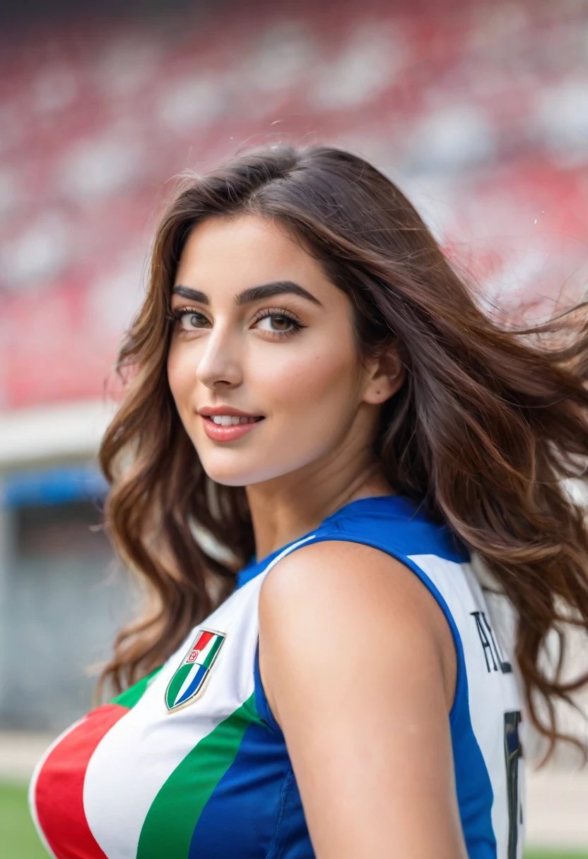 ( masterpiece ), best quality , expressive eyes , perfect face ,A beautiful italy curvy woman wears a football nation italy team sleeveless shirt and waves her arms , She has show her armpit hair , close-up shot , ultra high detail , foot ball stadium blur background