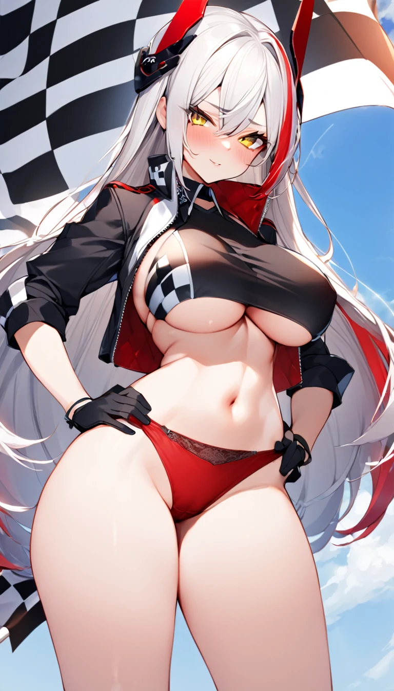 masutepiece, Best Quality, PrinzV4, 1girl in, Solo, Long hair, breasts, Looking at Viewer, Skirt, Large breasts, gloves, Navel, Holding, Jacket, Yellow eyes, White hair, Red hair, multicolored hair, Open your clothes, Black Gloves, Open jacket, official alternate costume, striated hair, Black jacket, put hands on the hip, underboob, Headgear, a flag, Red panties, Race Queen, Pending Flag,Poses that emphasize breasts、top-quality