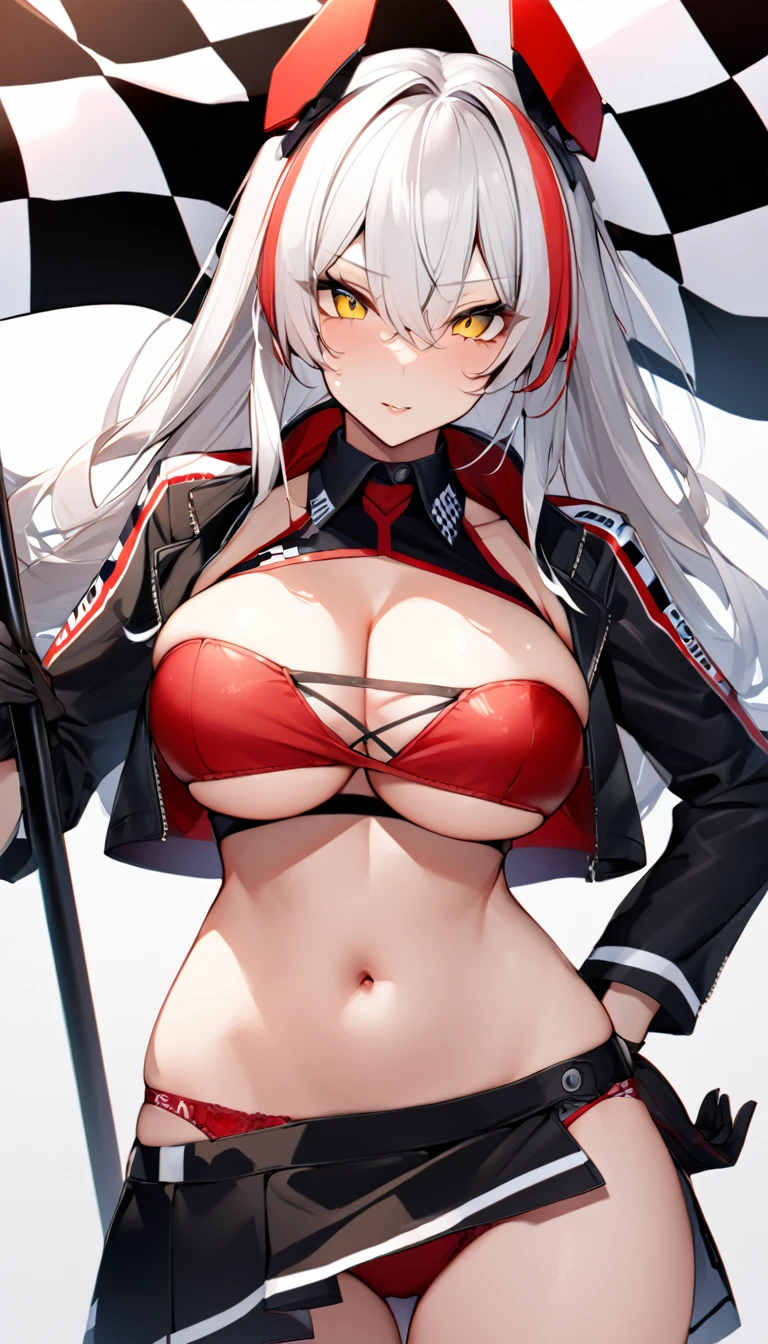 masutepiece, Best Quality, PrinzV4, 1girl in, Solo, Long hair, breasts, Looking at Viewer, Skirt, Large breasts, gloves, Navel, Holding, Jacket, Yellow eyes, White hair, Red hair, multicolored hair, Open your clothes, Black Gloves, Open jacket, official alternate costume, striated hair, Black jacket, put hands on the hip, underboob, Headgear, a flag, Red panties, Race Queen, Pending Flag,Poses that emphasize breasts、top-quality