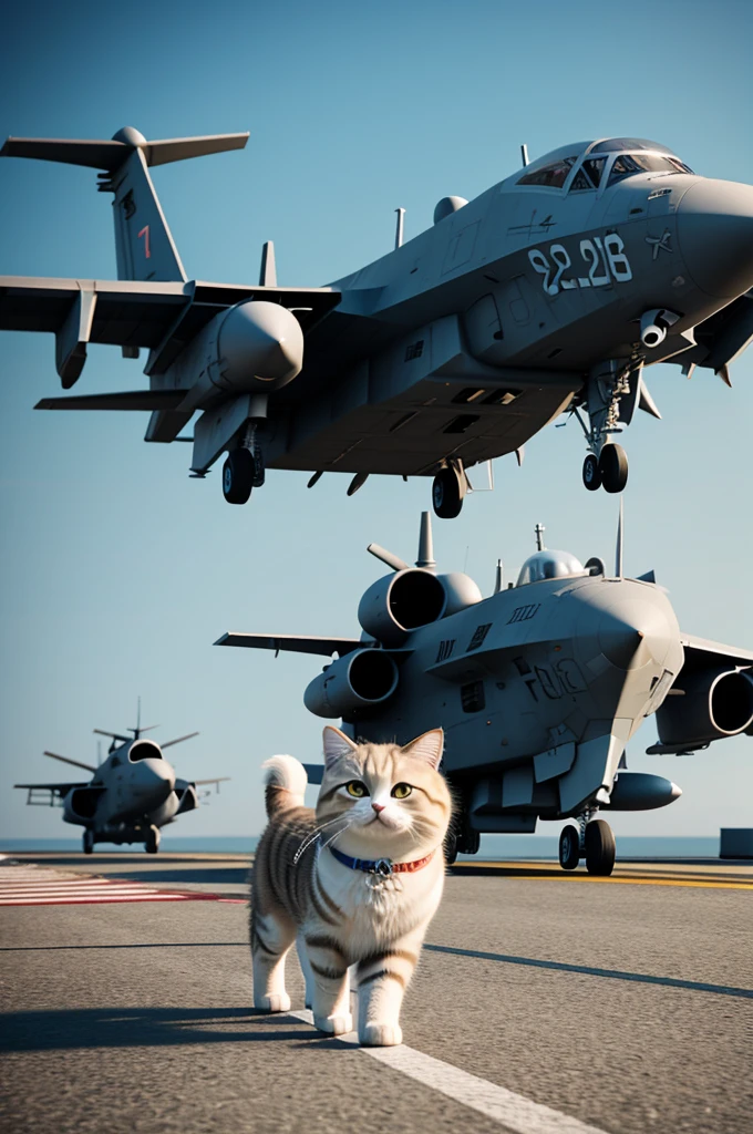 a cute fluffy cat pilot walking on a military aircraft carrier, unreal engine render, 8k, cinematic