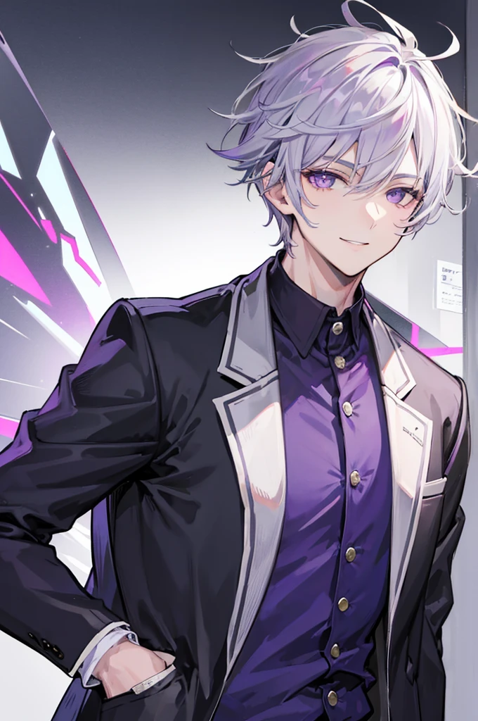 Young man, grey hair, purple eyes, smile face, modern style, handsome man, cool boy, bad boy