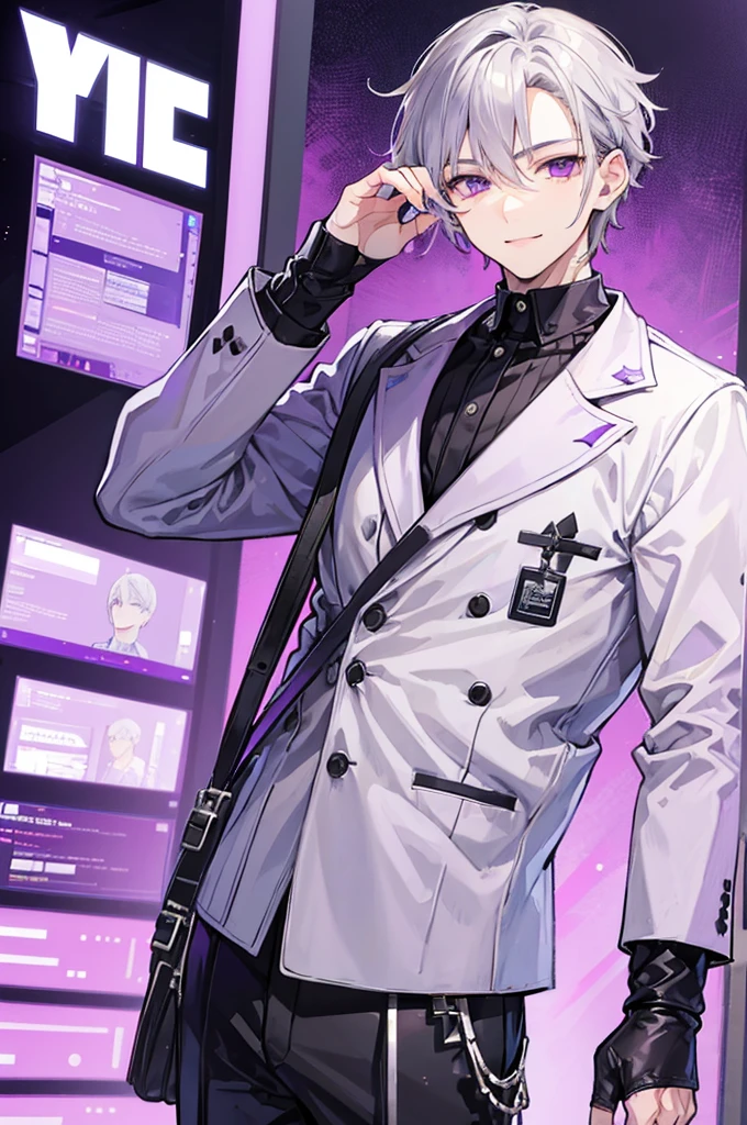 Young man, grey hair, purple eyes, smile face, modern style, handsome man, cool boy, bad boy