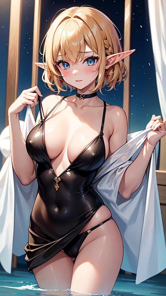 超detailed、Transcendently beautiful、Open chest, Wheat-colored flutter、Elf、Portrait of a beautiful 20-year-old girl,night、The dark light shines、A view of the World Tree in the distance , detailedな背景画、Dark Forest、Blue Eyes, detailedな目、detailedな手脚、Red, orange and green lighting、particle、Bright red lips, (masterpiece) (Highest quality) (detailed) (8K) (High resolution) (Cinema Lighting) (Sharp focus)、alone、Blonde、short hair、((blush: 0.8)), Natural skin texture, Transparent skin、Delicate body, hair ornaments、Swimwear、Dripping Water、Clean sweat、