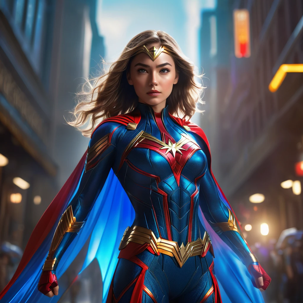 A beautiful detailed girl in a superhero costume, elegant and powerful pose, striking a heroic stance, intricate details on the costume, dynamic lighting, cinematic composition, vibrant colors, digital art, 8k, photorealistic, masterpiece