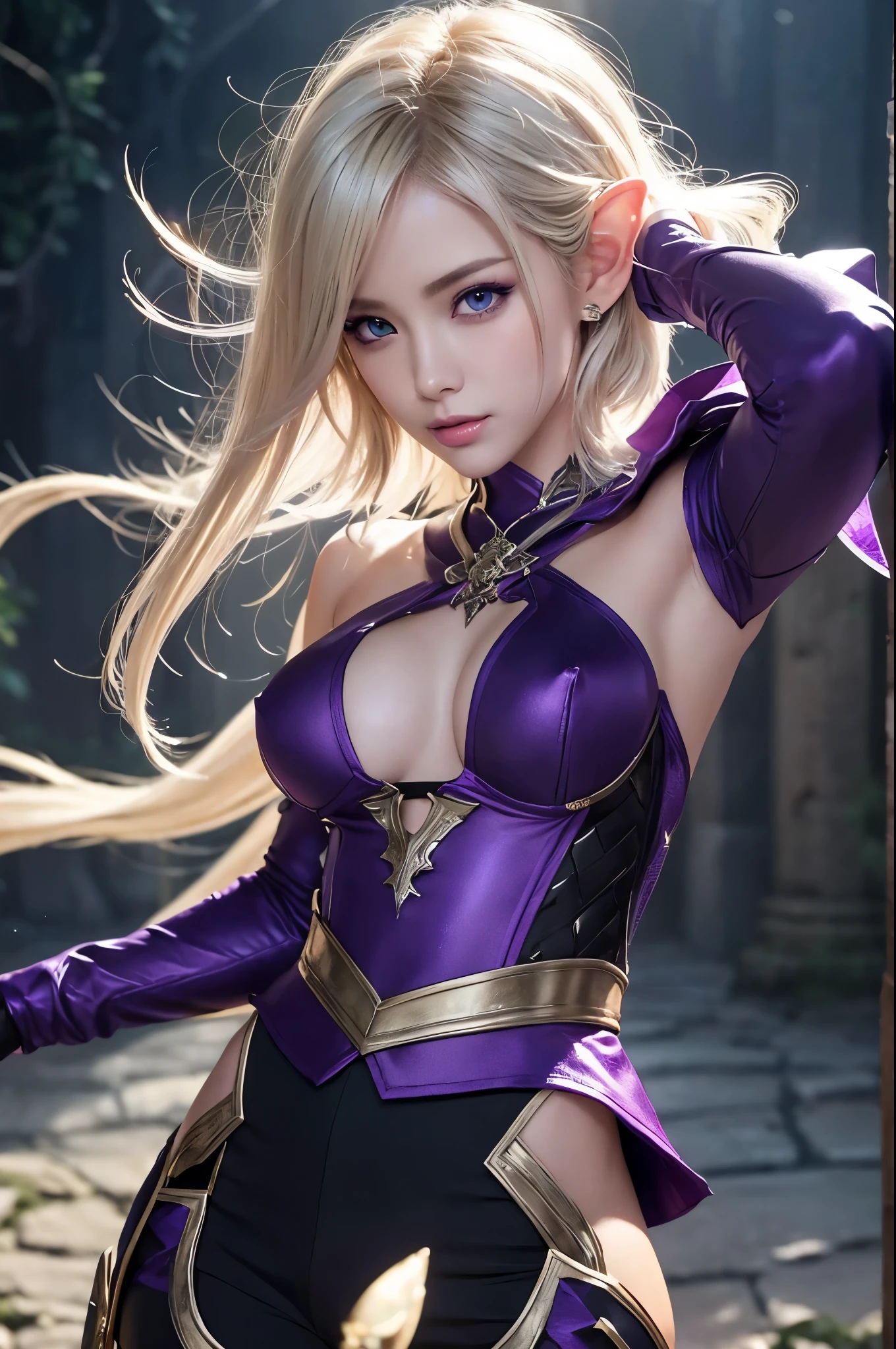 8K,Blonde short bob hair elf、Super Beauty(Like the real thing),An Arafed woman in purple and black holding a silver and purple bow、Ultra-detailed fantasy characters、3DレンダリングCharacter Art,blue eyes,Fantasy Costume,Detail Fantasy、Stunning Armor、見事なCharacter Art、Enchantingなメスマー女性、Gorgeous Female Paladin、Ultra-high resolution、Ultra-Realistic Skin、Beautiful expression、Sexy appearance、Enchanting、Beautiful small breasts,Rich colors、Backlight、Cinema Lighting、Film Grain、50mm lens、Nikon D850、Fantasy art,Character Art、Dynamic fighting poses、In a dimly lit dungeon、Makeup、Elf Ears,Very muscular and slim body,Very very strong abs,Silver hair ornament(one point),Purple and black combat trousers,Super macho,