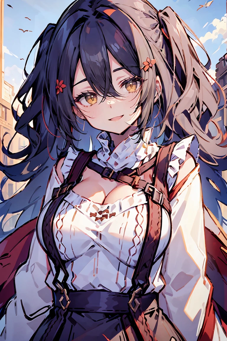 (masterpiece:1.2), (high quality:1.2), (hui xiyi:0.6), rekkyo sensen, rekkyou sensen, girls with((black hair, bangs, (one side up, long wavy hair, hair clips:1.55), hand up, waving is hands, perfect hands, perfect fingers, (exposed breasts, tits cleavage, breasts close up:1.2), dress((suspenders, dress, belts:1.15), (blue clothes, frills shirt, white knit sweater, long sleeves:1.2)), upper body)), background with((fantasy world, ruin, castle, beautiful sky, shining sky, sunshine))
