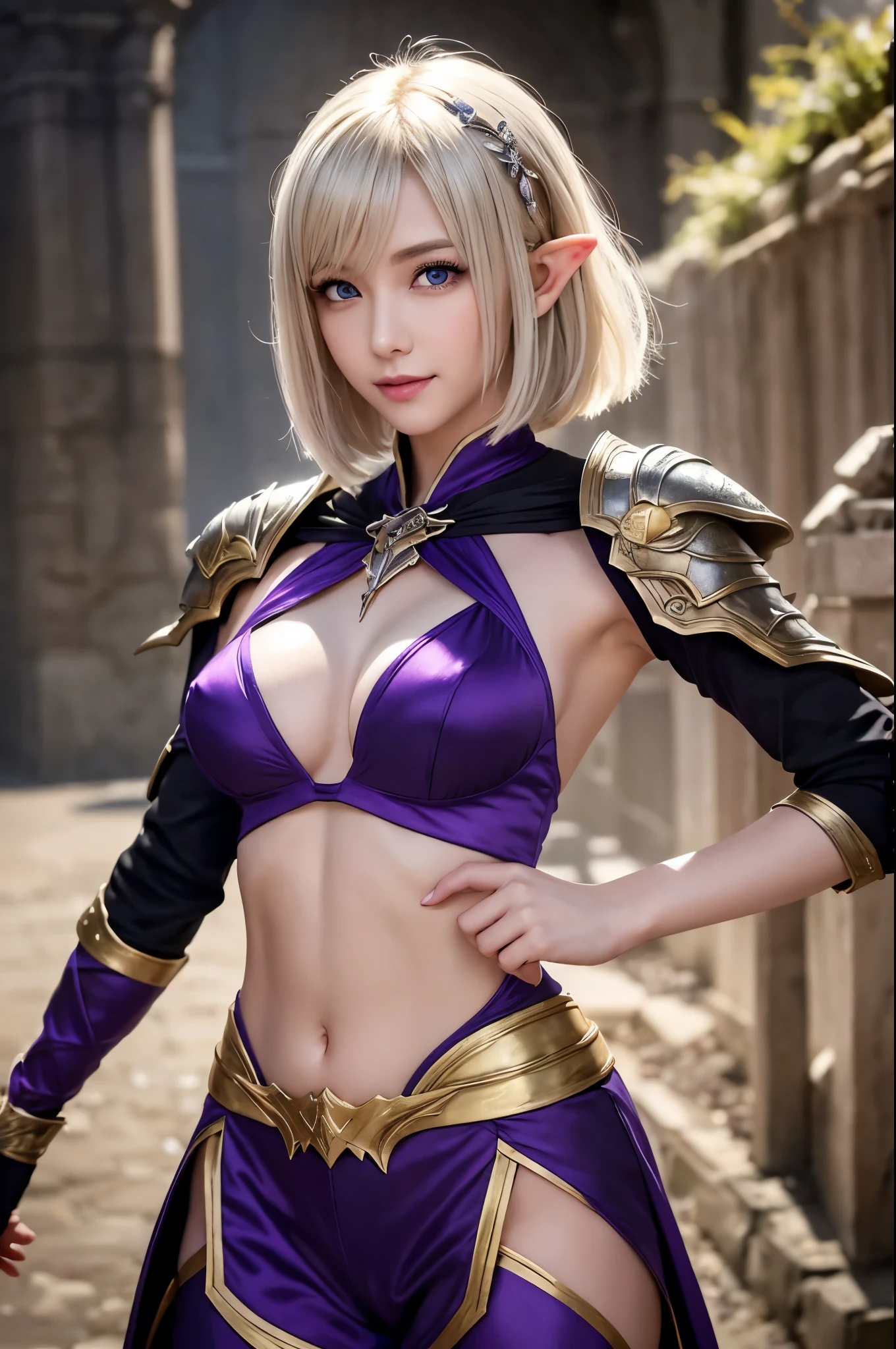 8K,Blonde short bob hair elf、Super Beauty(Like the real thing),An Arafed woman in purple and black holding a silver and purple bow、Ultra-detailed fantasy characters、3DレンダリングCharacter Art,blue eyes,Fantasy Costume,Detail Fantasy、Stunning Armor、見事なCharacter Art、Enchantingなメスマー女性、Gorgeous Female Paladin、Ultra-high resolution、Ultra-Realistic Skin、Beautiful expression、Sexy appearance、Enchanting、Beautiful small breasts,Rich colors、Backlight、Cinema Lighting、Film Grain、50mm lens、Nikon D850、Fantasy art,Character Art、Dynamic fighting poses、In a dimly lit dungeon、Makeup、Elf Ears,Very muscular and slim body,Very very strong abs,Silver hair ornament(one point),Purple and black combat trousers,Super macho,smile,