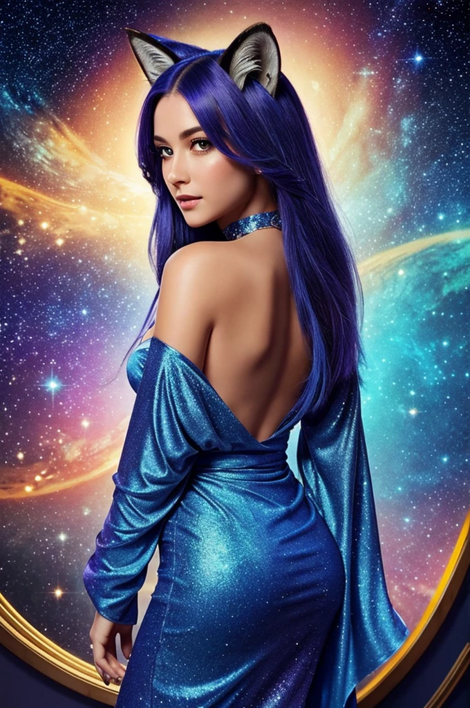 A beautiful woman with long indigo-colored hair, flowing elegantly down her back. She has fox ears and a fox tail, both containing mesmerizing galaxies that swirl and shimmer. Her eyes are a striking yellow, glowing with a mysterious light. She is wearing a twilight blue off-shoulder kimono, adorned with intricate constellations that sparkle like real stars. Around her neck is a choker with a glass orb pendant, inside which the Andromeda galaxy can be seen, glowing softly. The art style should be detailed and vibrant anime, capturing her ethereal and celestial beauty.