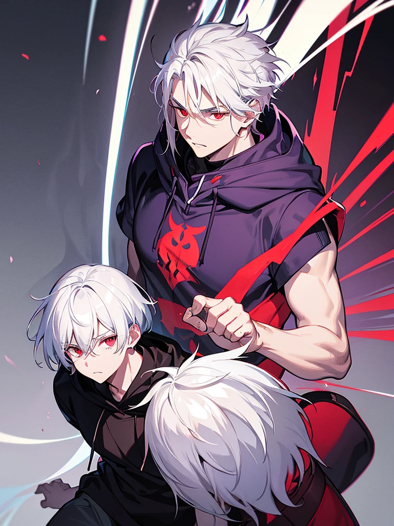 A front of a young man with white hair, red eyes and masculine face. Wearing a black hoodie with purple details. he is in a destroyed city, totally empty. Dungeons and Dragons art direction, studio ghibli Style, light brushstrokes