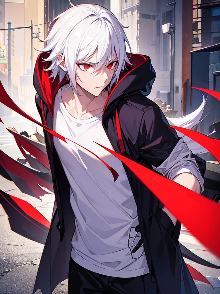 A front of a young man with white hair, red eyes and masculine face. Wearing a black hoodie with purple details. he is in a destroyed city, totally empty. Dungeons and Dragons art direction, studio ghibli Style, light brushstrokes