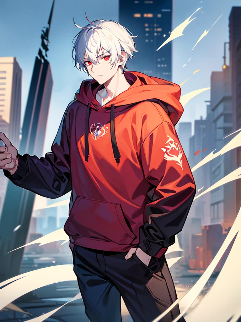A front of a young man with white hair, red eyes and masculine face. Wearing a black hoodie with purple details. he is in a destroyed city, totally empty. Dungeons and Dragons art direction, studio ghibli Style, light brushstrokes