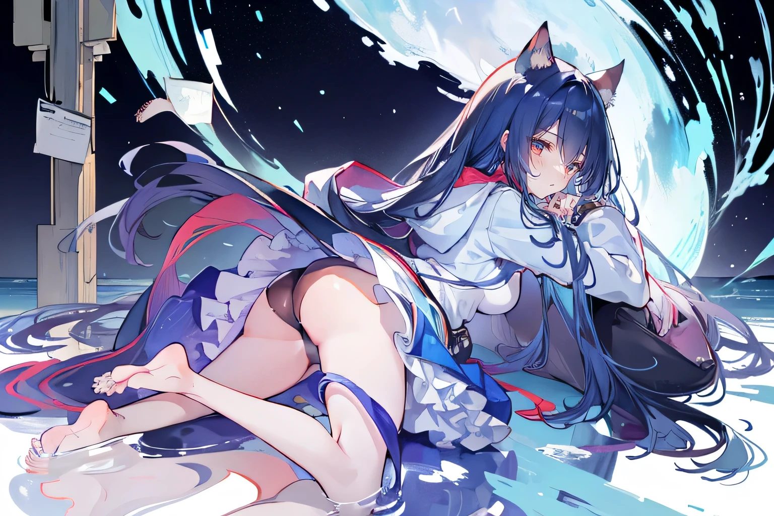 (masterpiece:1.2),Super detailed,lifelike,Expressive eyes,fair skin,perfect face shape,1 girl,
Japanese comics,Gorgeous blue hair,flowing blue hair,flowing clothes,Cat ears,Petals fall,beautiful lola,Baby Angel,
Shaking head with one hand,Cross your legs,Gentle and peaceful background,The pavilion is cool and comfortable,smile, wearing hoodie, background of tokyo,back views,snowing, winter,lie on the water,Lying on the ground。Dark blue gradient hair,asymmetrical hair,((Hair is very thick 1.8,Chiseled hair 1.6)), Hair over the shoulders, Messy hair, Very long hair, shiny hair,(long dark blue hair:1.2),A beautiful girl,(Transparent clothes transparent 1.8),Perfect body,Big thin legs,slender,(Looks very sad,Looks haggard ,sadness,shut your mouth:1.2) Against the backdrop of an unusually bright dark starry sky,(Put your hands behind your back),(round,Room, Strong breasts),barefoot,float,water surface,(long legs,long legs,long legs,Complete)