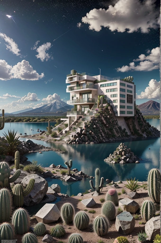 An illustration, collage style, David Hockney visual style, (((Luis Barragán's architectural style houses in middle of a lake))), big boulders, little cascade, mountains, volcanos, volcanic landscape, pool, stairs, beautiful gardens, abundant vegetation, cacti, agave, big clouds, sunset. Magazine cover, serif tipography, editorial design, masterpiece, An illustration in collage style, con rocas gigantes, Brutalist construction sections, escaleras, cactus, agave, textura de concreto, Multiple geometric shapes, hatch and cross hatching, planeta Saturno. ((masterpiece, best quality)),illustration,ultra detailed 8k. (((An illustration of a build designed by Luis Barragán))), with a desertic vegetation garden, (big rocks), ((cacti)), lake, volcano in horizon, smooth clouds, (((illustration collage format))), ((Escher's art style)), (((multiple sections))), (violet, blue, olive green, grey, black and white), hard shadows, (((geometric sculptures))), concrete sculptures, high contrast, dramatic, cinematographic, ((milky way galaxy)), intricate, intricate details, sharp focus,landscape