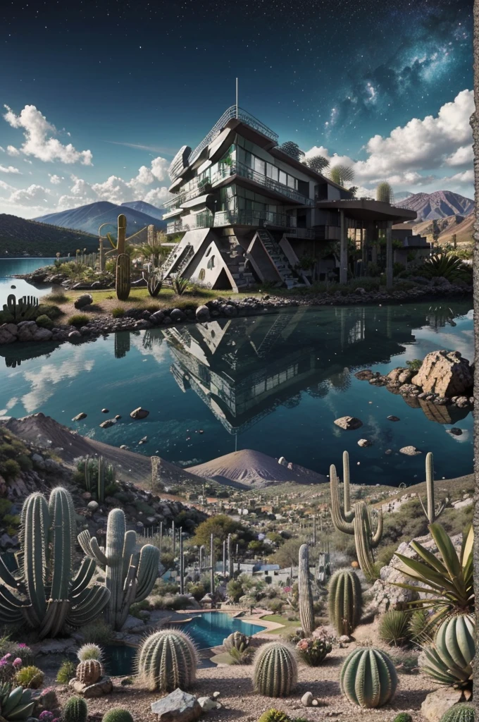 An illustration, collage style, David Hockney visual style, (((Luis Barragán's architectural style houses in middle of a lake))), big boulders, little cascade, mountains, volcanos, volcanic landscape, pool, stairs, beautiful gardens, abundant vegetation, cacti, agave, big clouds, sunset. Magazine cover, serif tipography, editorial design, masterpiece, An illustration in collage style, con rocas gigantes, Brutalist construction sections, escaleras, cactus, agave, textura de concreto, Multiple geometric shapes, hatch and cross hatching, planeta Saturno. ((masterpiece, best quality)),illustration,ultra detailed 8k. (((An illustration of a build designed by Luis Barragán))), with a desertic vegetation garden, (big rocks), ((cacti)), lake, volcano in horizon, smooth clouds, (((illustration collage format))), ((Escher's art style)), (((multiple sections))), (violet, blue, olive green, grey, black and white), hard shadows, (((geometric sculptures))), concrete sculptures, high contrast, dramatic, cinematographic, ((milky way galaxy)), intricate, intricate details, sharp focus,landscape