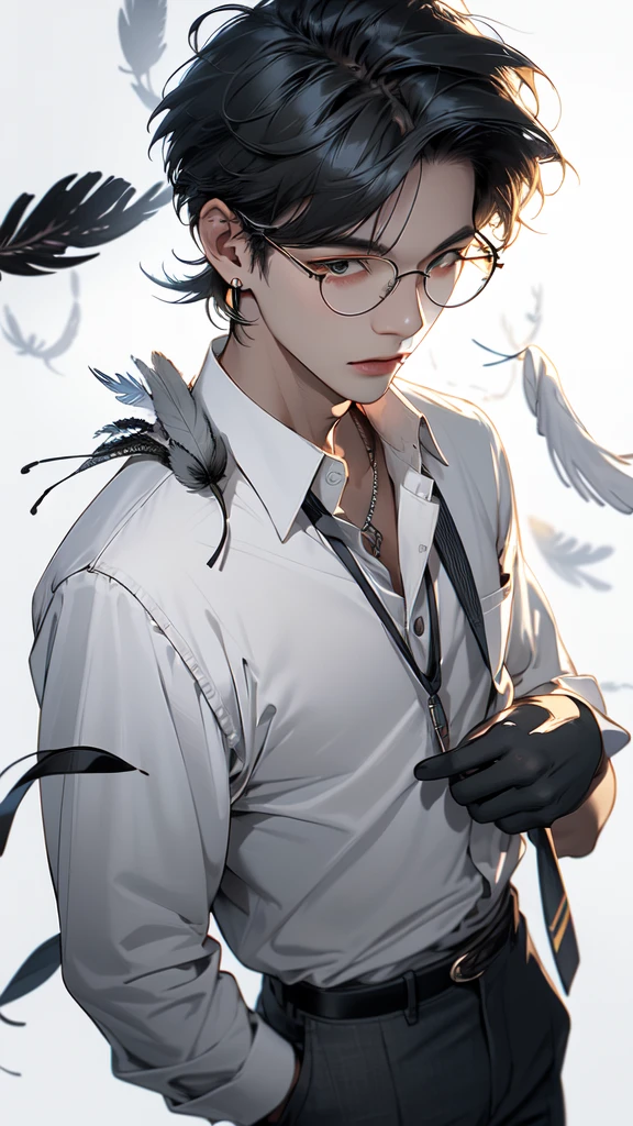 (Masterpiece:1.2), best quality,realistic,mid trip,
1 boy, glove, focus man, feather pen, glasses, decorations, earring, สายรัดglasses, white background, black hair, glassesข้างเดียว, Holding, black glove, short hair, hands in pocket, book, shirt, long sleeve, พื้นหลังที่smoothง่าย, look at viewer, tassel, hair between the eyes, Many perspectives, lamp, smooth, collared shirt, paper, earringเดี่ยว, shirtโค้ท, trousers, black shirtโค้ท, glassesทรงกลม, gag, alone
 