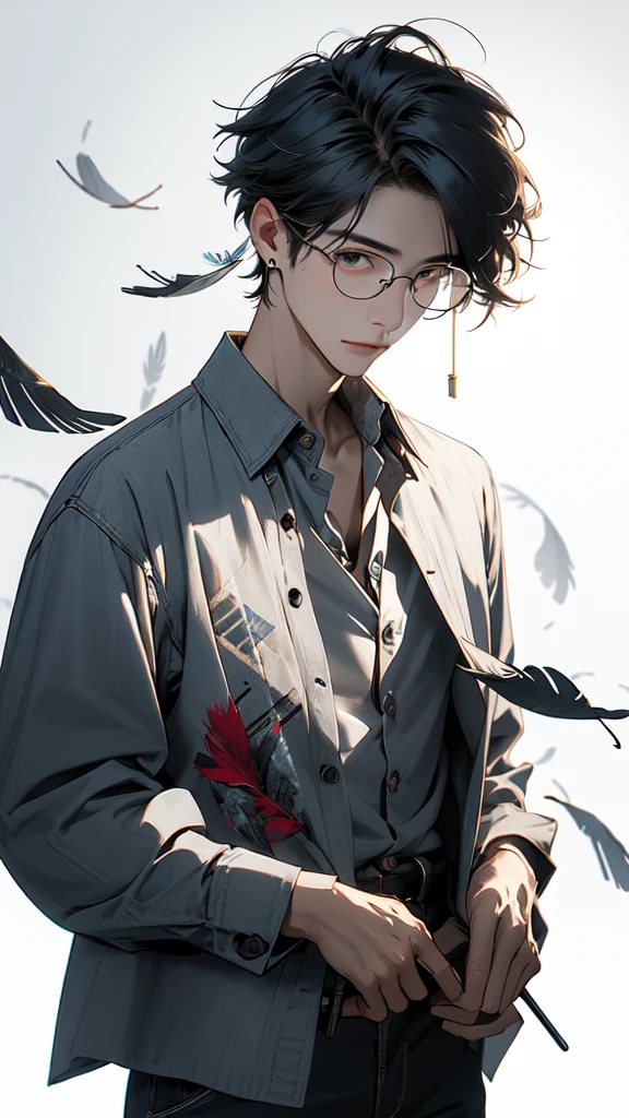 (Masterpiece:1.2), best quality,realistic,mid trip,
1 boy, glove, focus man, feather pen, glasses, decorations, earring, สายรัดglasses, white background, black hair, glassesข้างเดียว, Holding, black glove, short hair, hands in pocket, book, shirt, long sleeve, พื้นหลังที่smoothง่าย, look at viewer, tassel, hair between the eyes, Many perspectives, lamp, smooth, collared shirt, paper, earringเดี่ยว, shirtโค้ท, trousers, black shirtโค้ท, glassesทรงกลม, gag, alone
 