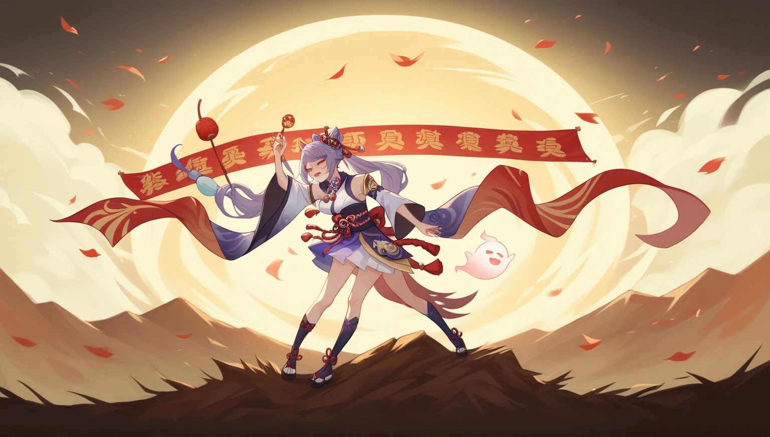 Image taken from a video game with a banner in the background., Onmyoji, Onmyoji detailed art, Isekai, Inspired by Cao Zhibai, Chiba Yudai, Ji Liulian art style, Xian Xia Hero, Keqing from Genshin Impact, Hungry Ghost Festival