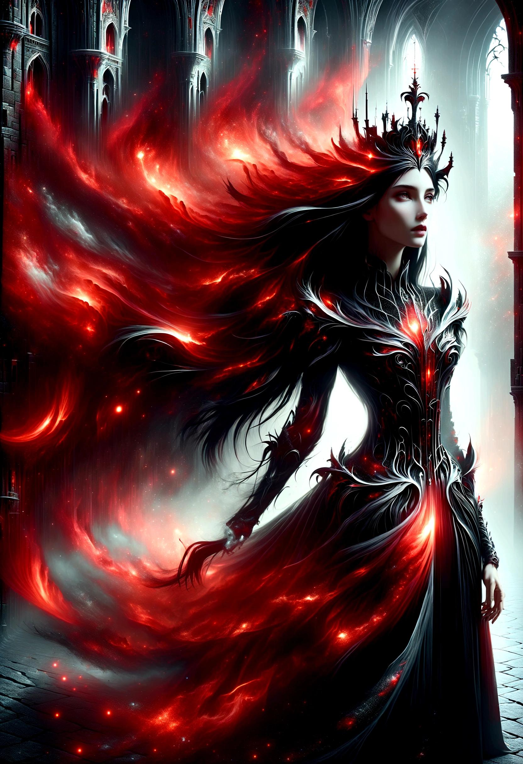 1 girl, gothic, black dress, long black hair, long red hair, castle, queen, ((85mm, atmospheric perspective, panorama, sideways, cinematic lighting, depth of field, Surrealism, 16k, best quality, high details, masterpiece, textured skin, highres))