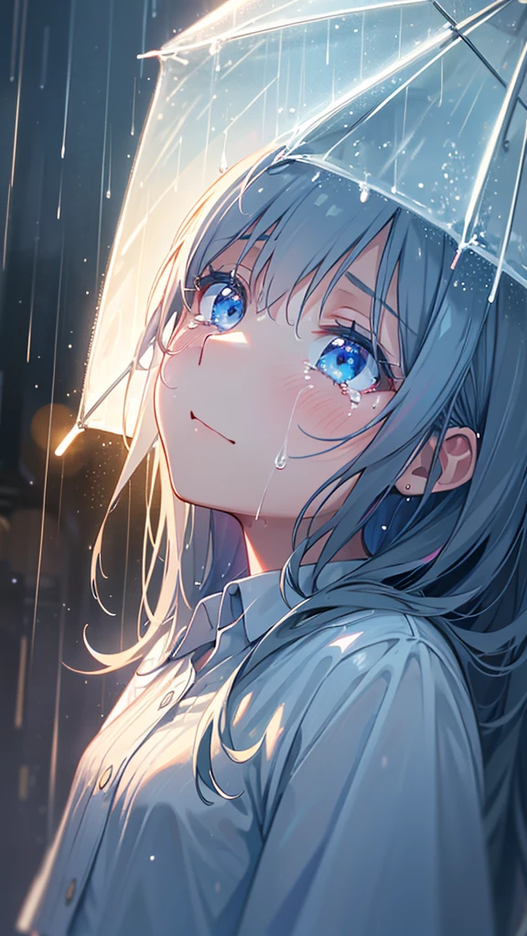a crying girl in the rain, high school girl, , looking up at the sky, light blue eyes, rain falling, detailed rain drops, rain drops reflecting light, bokeh effect, fantasy-like, best quality, 4k, 8k, highres, masterpiece, ultra-detailed, photorealistic, studio lighting, extreme detail description, professional, vivid colors