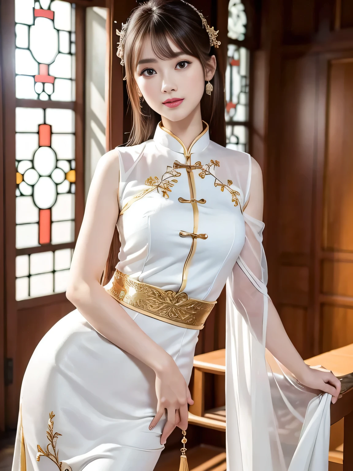 (Best Quality, 8k, 32k, Masterpiece, UHD: 1.3), Attractive Japan Woman Pictures, One Girl, 19 years old , Abs, Perfect Body, Ultra Detailed Face, Detailed Lips, Fine Eyes, Double Eyelids, seductive smile, (white ao dai), light brown hair, bangs, messy hair, Mischievous smile, elegant pose, sexy girl, Perfect female body, perfect and delicate limbs, Tan Dinh Church,