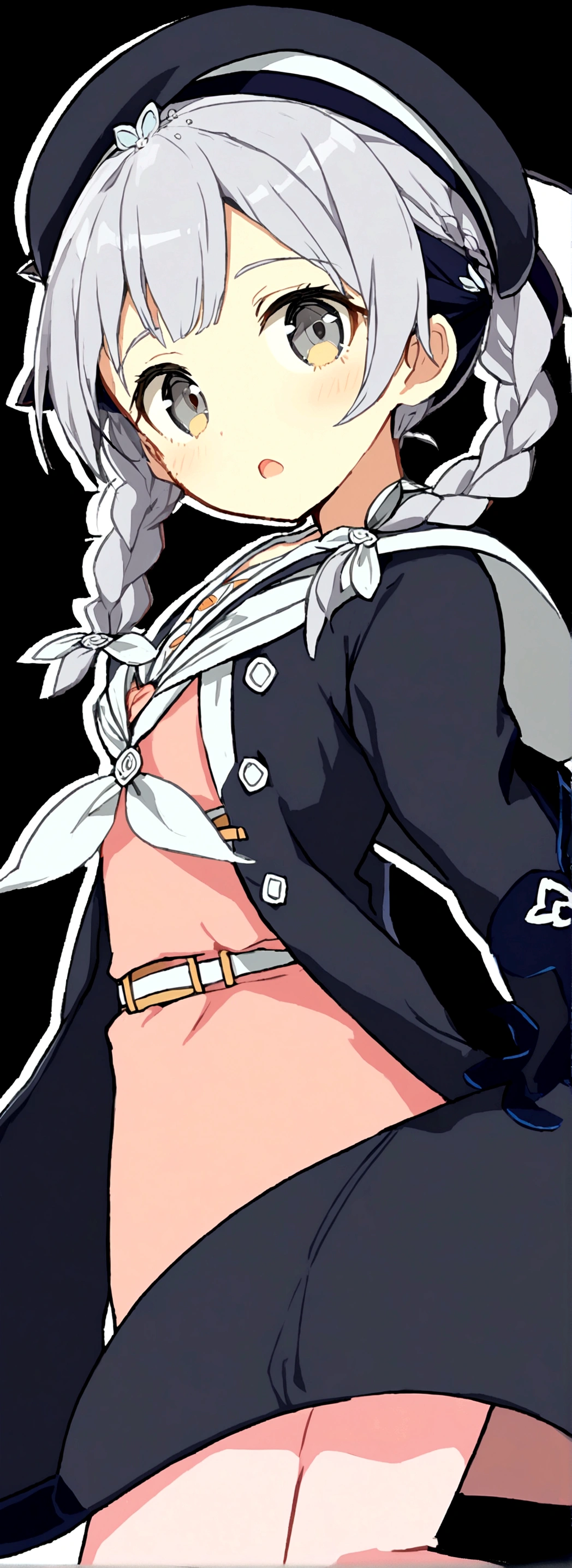 1girl, solo, braid, hat, twin_braids, grey_eyes, twintails, school_uniform, transparent_background, looking_at_viewer, long_hair, open_mouth, dress, beret, grey_hair