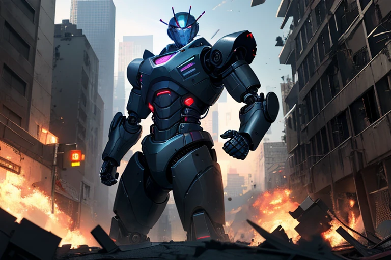 High resolution,high quality,(Perfect body),robot,巨大robot,戦闘robot,黒いrobot,Dirty Powered Suit,Collapsed Building