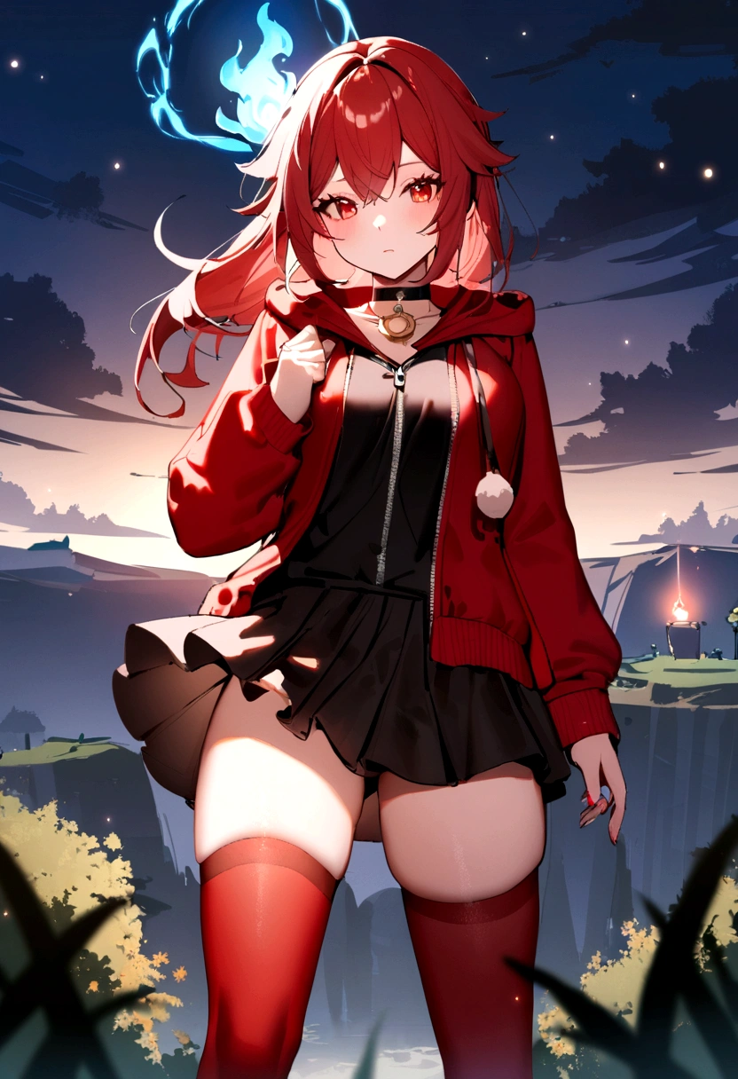 a girl with a red skirt and a black skirt under the red shirt . red stockings with the top black. red zip up hoodie with a black shirt underneath. red hair and red eyes has a black Choker Necklace Magic circle, blue fire, blue flames, wallpaper, landscape, blood, blood splatter, depth of field, night, light particles, light rays, sidelighting, thighs, fate \(series\), genshin impact, ****, open jacket, skirt, thighhighs, cloud