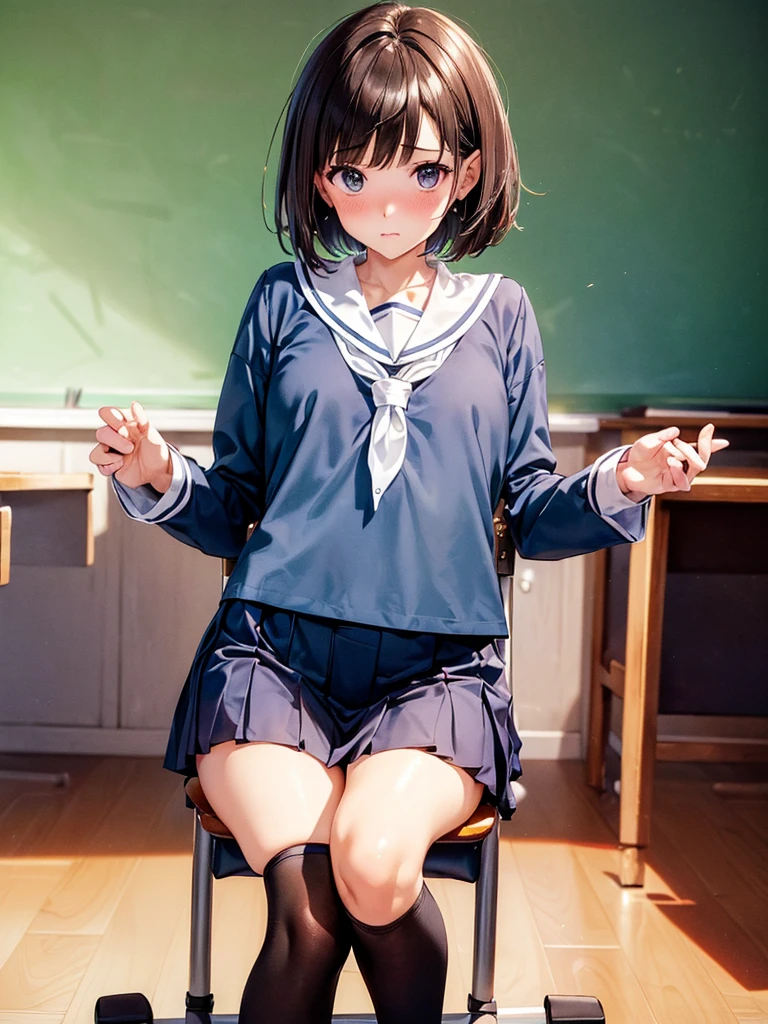 (((masterpiece, Highest quality, High resolution, 超High resolution, Perfect Pixel, Depth of written boundary, 4K, RTTX 10.0))), Beautiful Anime Women, Beautiful art style, Anime characters, ((Smooth texture, Realistic texture, Anime CG Style)), Exact finger count、Exact number of legs、(Exact number of arms:1.0, Exact number of hands:1.0), (Perfect hands, Perfect Anatomy), Cinematic, Realistic, Extremely detailed CG, Daytime lighting, Perfect lighting, Best Shadow, The best natural light, whole body, Perfectly balanced style, A perfectly balanced body, Slender body, whole body, ((bangs, Dark brown hair, Stylish and cute bob cut)), ((A cute woman is standing and showing off her panties in her hands:1.3)), (Fashionable white shirt, Sailor collar, Sailor suit, Knee-high socks, loafers, Navy pleated mini skirt:1.3), ((Sexy and cute panties, (Stylish shiny light blue satin panties:1.2), Small lace panties:1):1.3), (beautiful and very large breasts:1.1), (Feeling embarrassed, (blush:1.2), (Embarrassed expression:1.5), (School classroom, Blackboard background, Desk and chair in the background:1.5), Angle from the front, holding panties, presenting panties